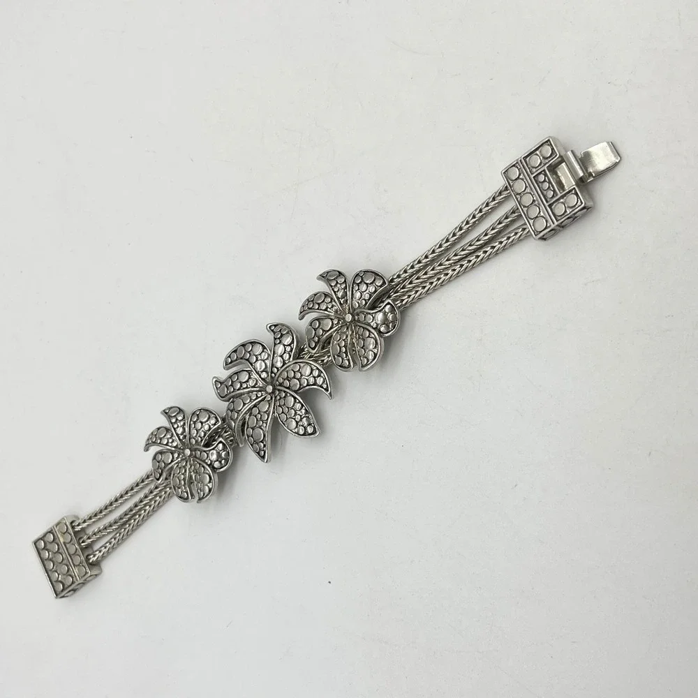 Silver Tone Triple Strand Wheat Chain Floral Dotted Texture Bracelet 7.5in